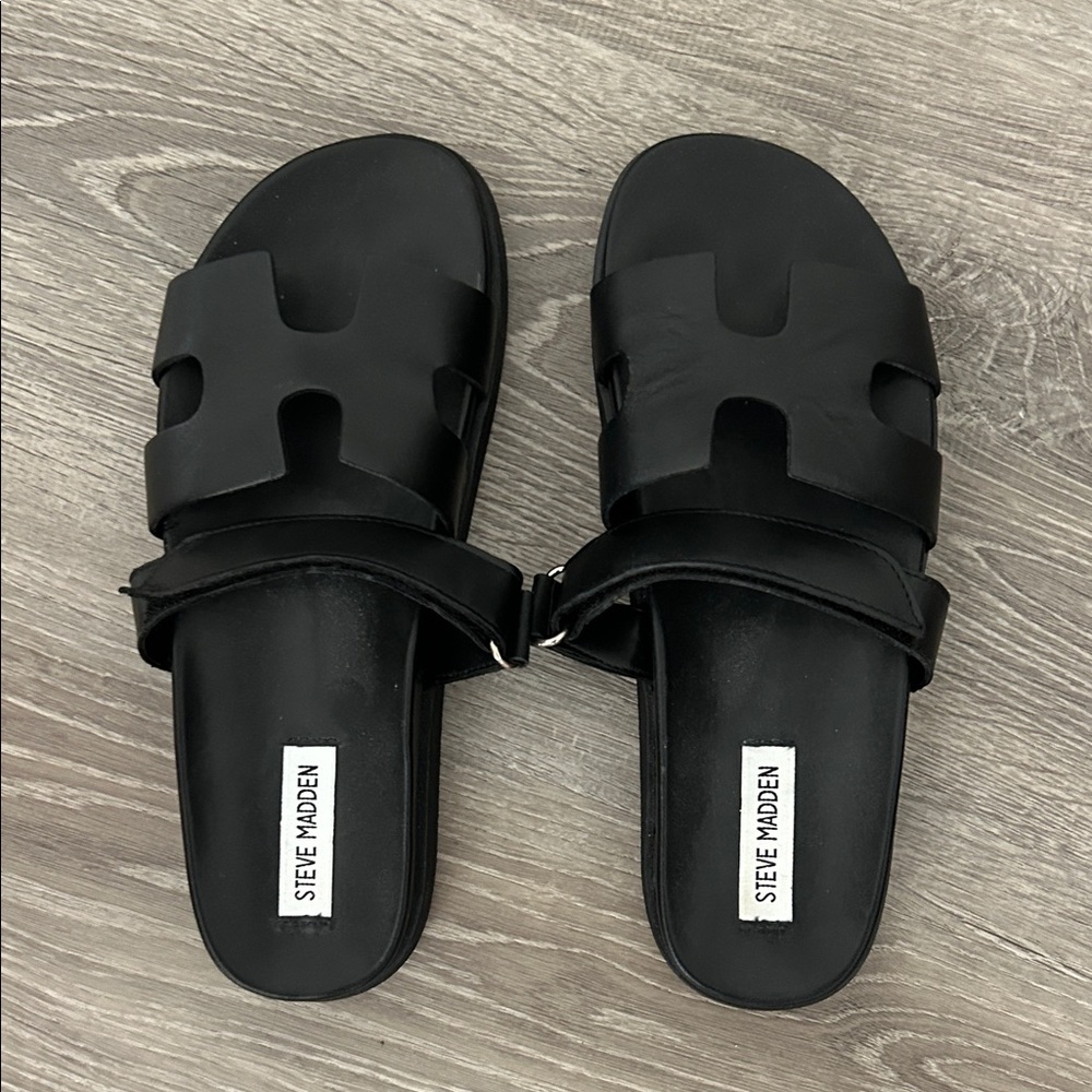 NEW Mayven Steve Madden Black Leather Slide Sandals